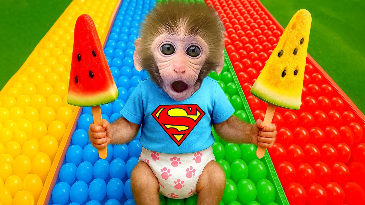 Bebé MONO BONBON recoge cáscaras con su amigo y cuida la limpieza del jardín - Mono Superman ESP