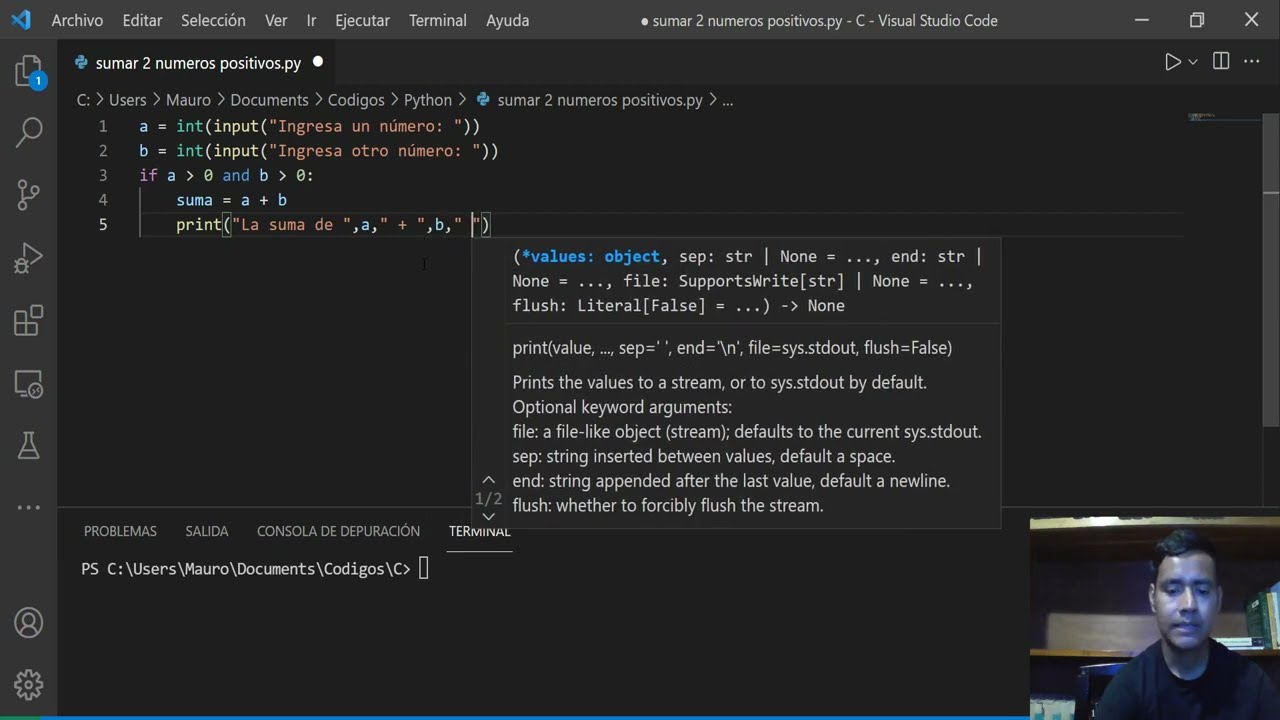 Programación en Python – Operador AND – Leer 2 números si son positivos imprimir la suma