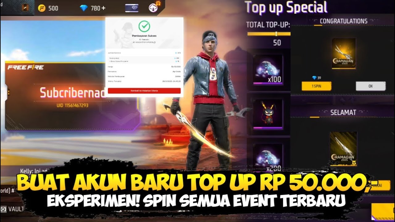 SAYA BUAT AKUN BARU LANGSUNG TOP UP RP 50.000 SPIN EVENT FF TERBARU SG2 GURUN PASIR