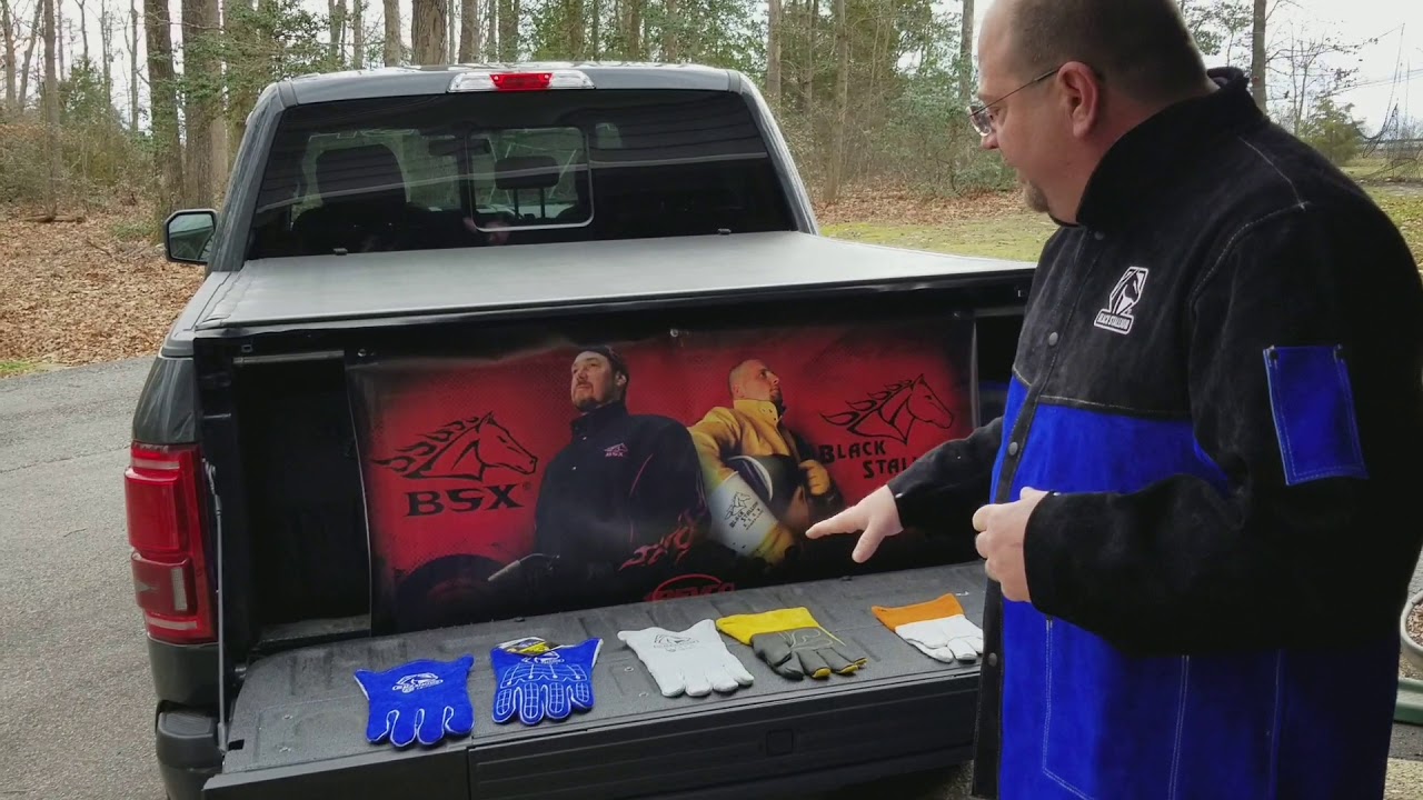 2 minute tailgate sales meeting new Black Stallion JL1030 welders jacket and new CR welding gloves