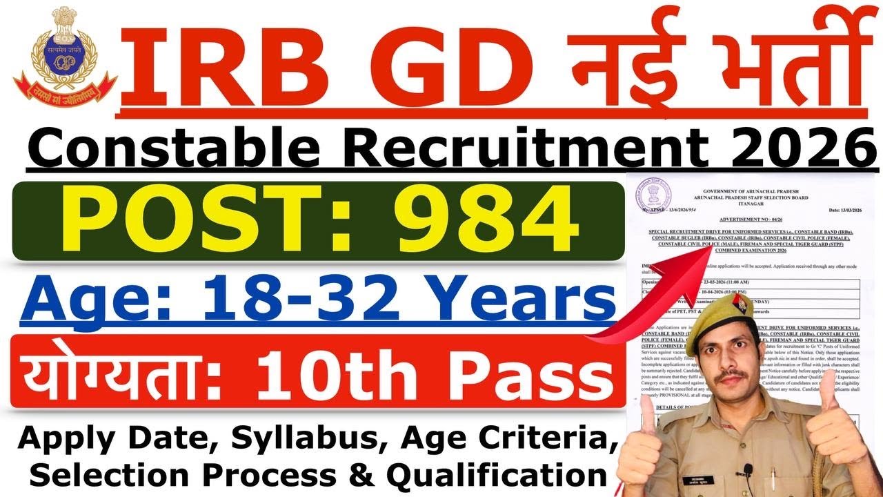 IRB GD Recruitment 2026 | TSR Rifleman New Vacancy | All India 10th Pass| Arunachal Pradesh Police