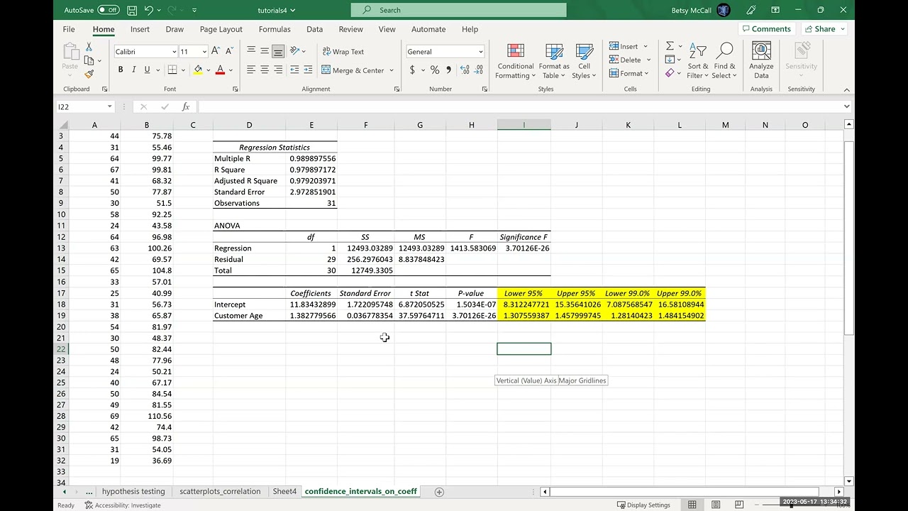 Linear Regression: Confidence intervals on Coefficients in Excel