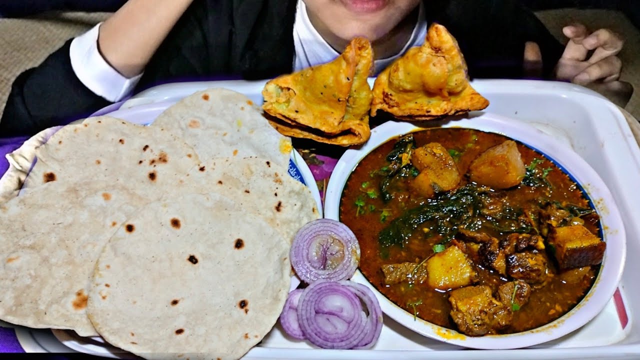 Pork Curry With Roti & Samosa *EATING SHOW