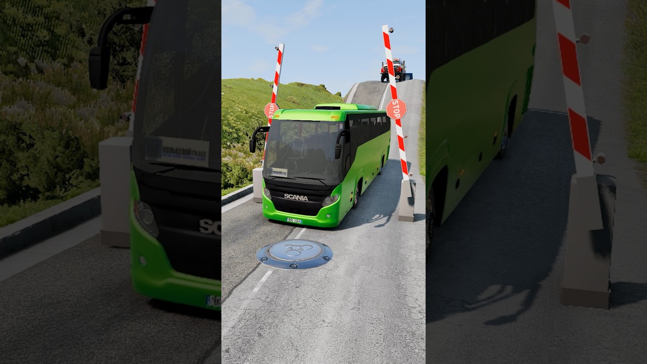 Green Bus & Ambulance Van vs Giant Bollard Barrier #shorts #beamngdrive #bus