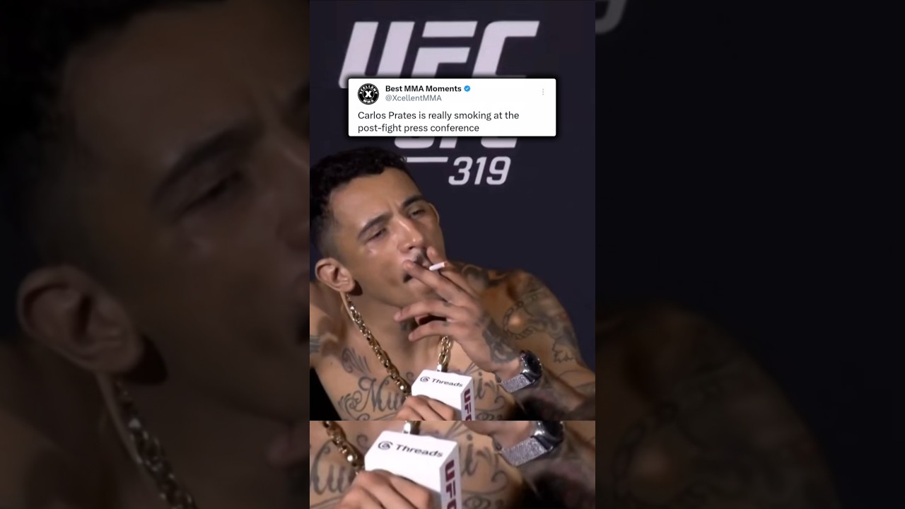 Carlos Prates smoking during press conference at UFC 319