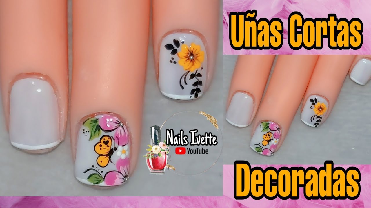 Uñas decoradas cortas con flores y mariposa/Diseño para uñas cortas/cómo decorar las uñas cortas