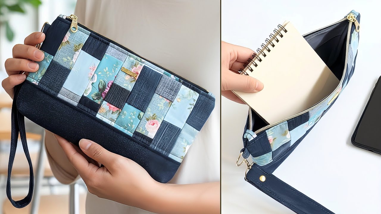 DIY Adorable Denim and Printed Fabric Patchwork Wristlet Bag | Bag Tutorial | Old Jeans Idea