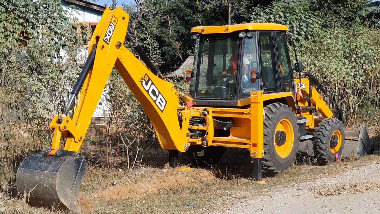 JCB 3DX Backhoe Loader Making Drain in Road - JCB Earth Movers Working - Village Road Construction