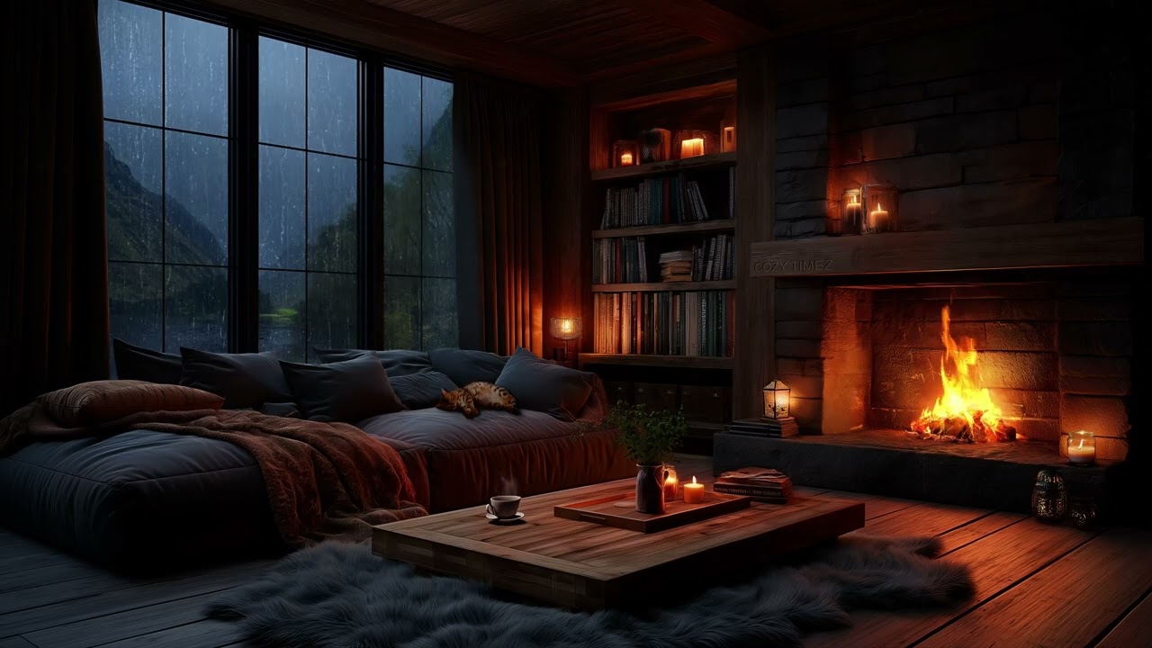 Thunderstorm & Crackling Fireplace | Cozy Living Room, Lake View & Sleeping Cat