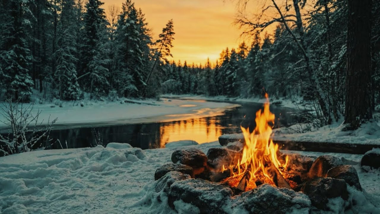 Peaceful Winter Campfire by the Lake - Enjoy Relaxing Fire and Waves Sounds
