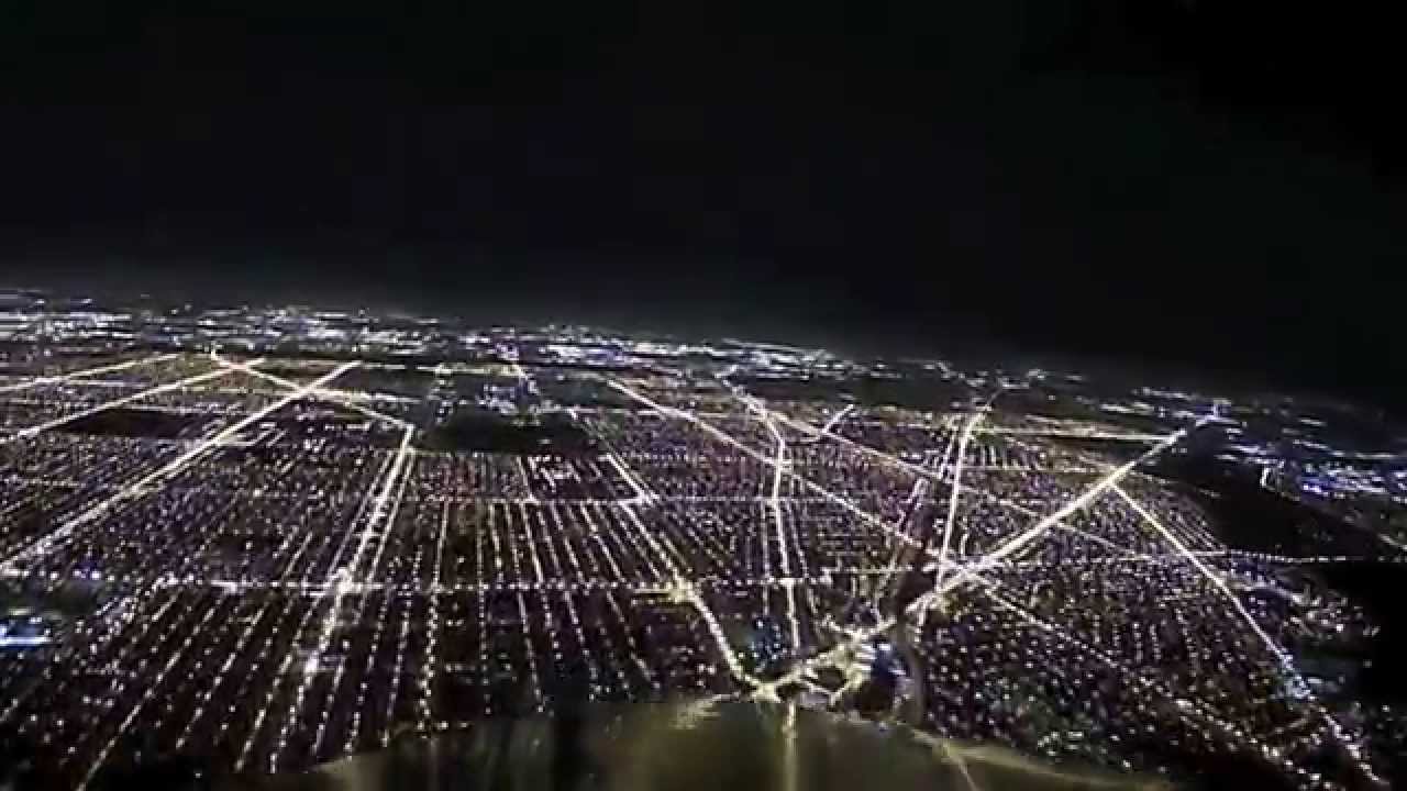 Night Landing Airplane at Chicago O'hare International Airport Cockpit View