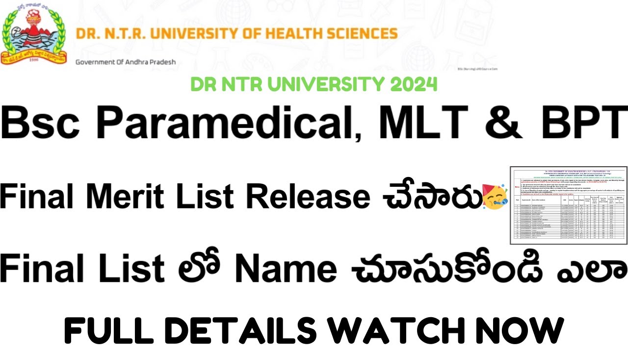 Bsc Paramedical,MLT&BPT Final Merit List, Phase-1 Web Options,Seat Matrix Released || DR NTRUHS 2024