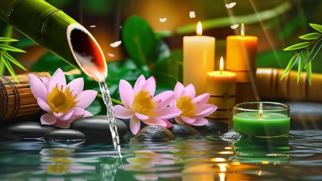 Serene Spa Vibes  Flowing Water, Lotus & Flickering Candles