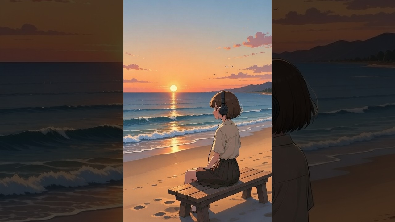 A serene beach scene with a young girl listening to music, in Japanesㄷ