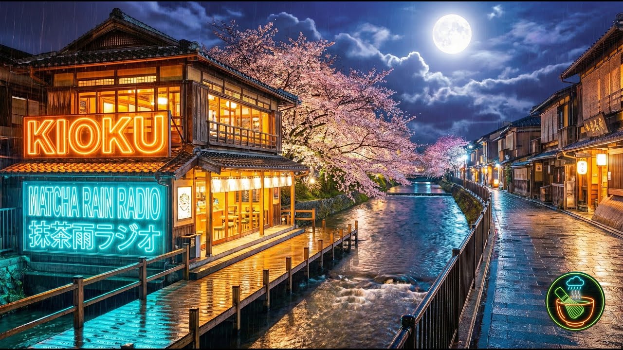 MIDNIGHT MATCHA at the River 🍵 Neon Tea House & Rain Ambience [4K 記憶 KIOKU] 🎵