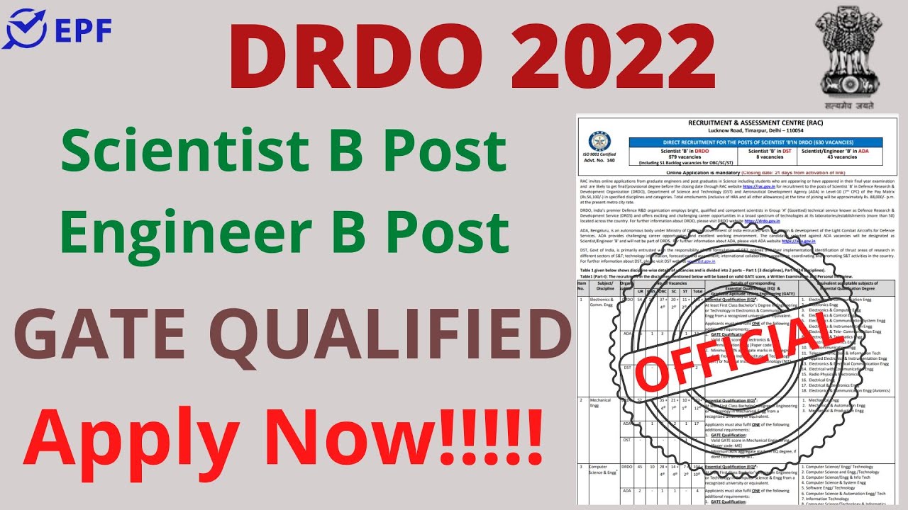 DRDO | Scientist B | Engineer B | GATE QUALIFIED | DIRECT RECRUITMENT | 578+ VACANCIES |APPLY  NOW |