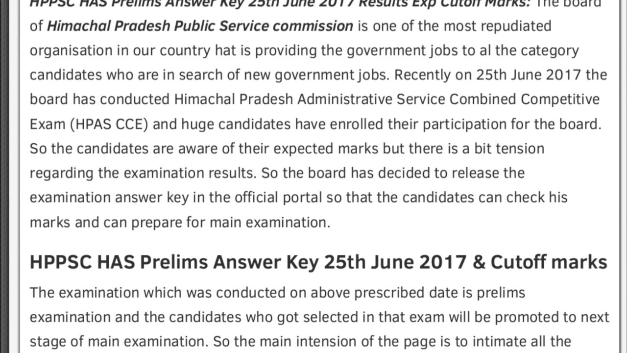 HPPSC HAS Prelims Answer key 25th june 2017 Results Exp Cutoff Marks