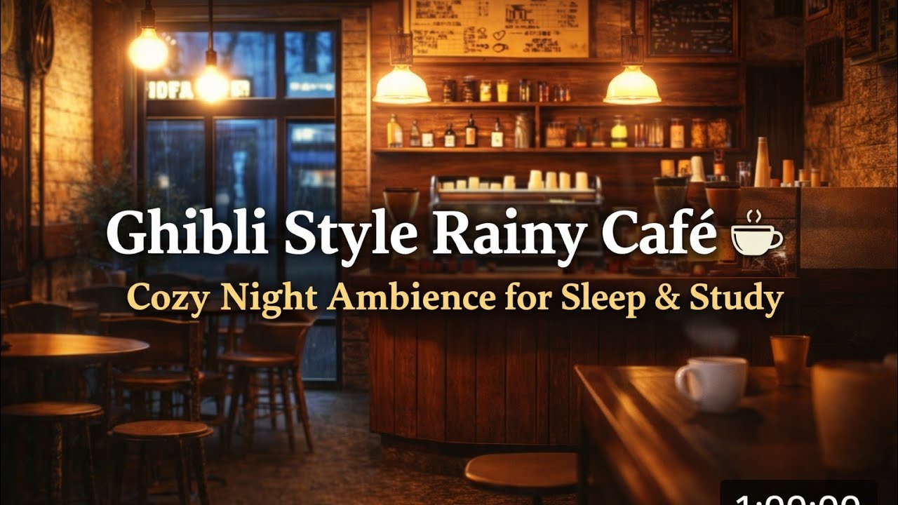 Ghibli Style Rainy Café ☕🌧️ Cozy Night Ambience for Sleep & Study