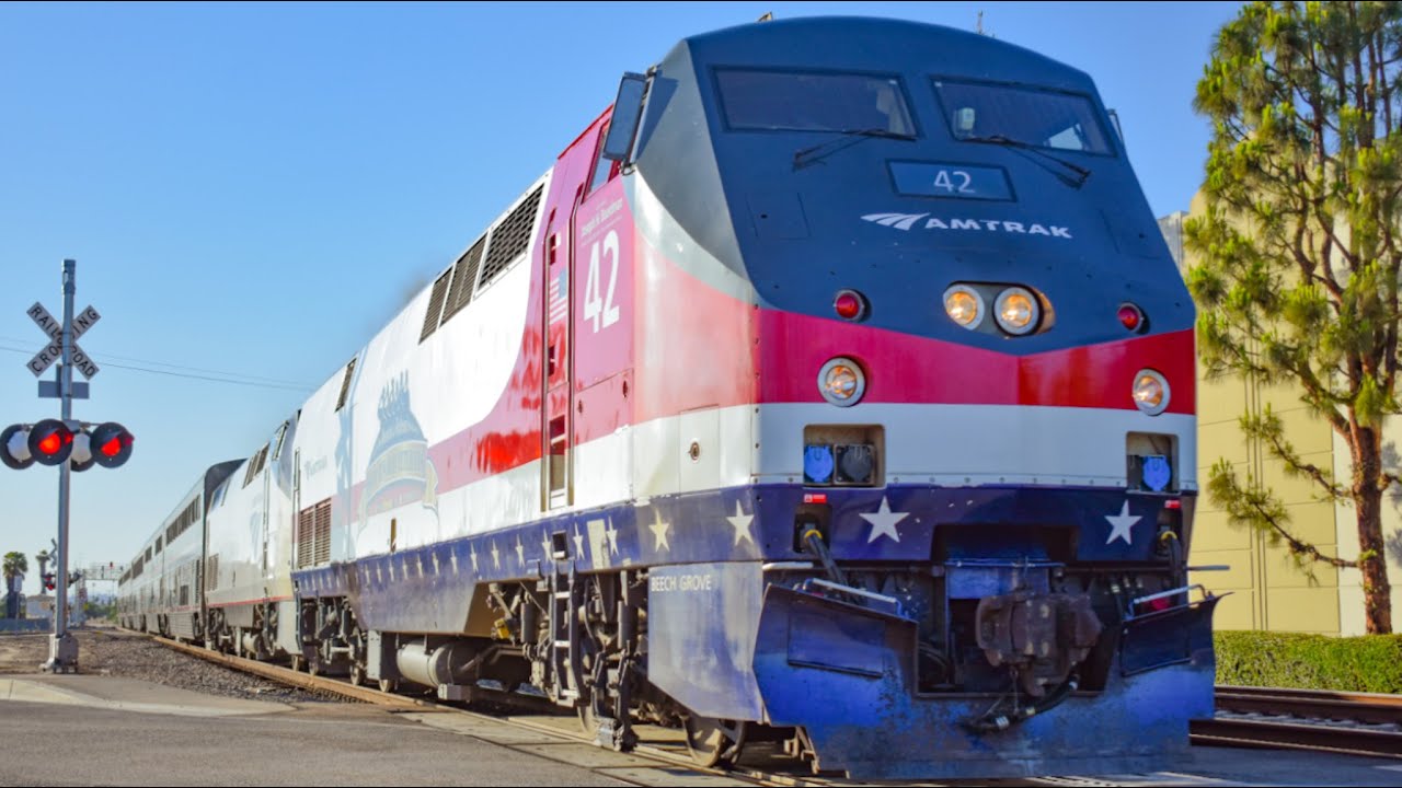 Trains at Commerce and Santa Fe Springs with Amtrak 42