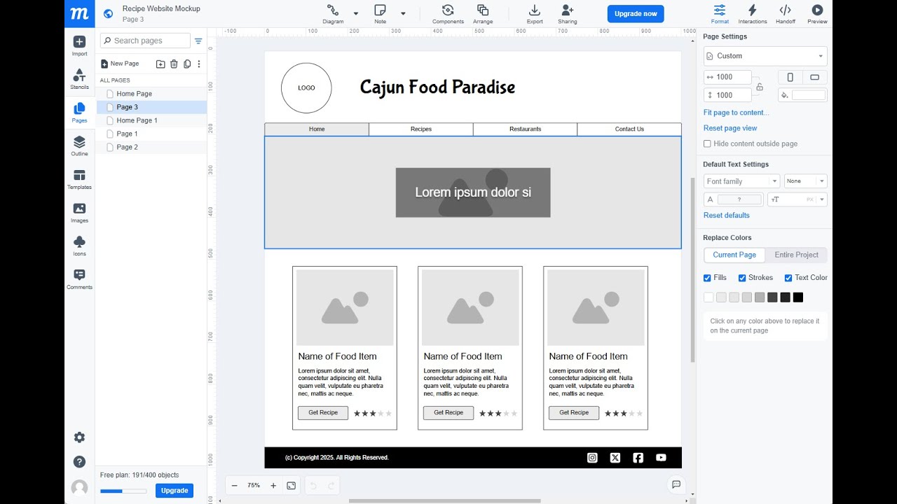 Create a Simple Website Wireframe with Moqups | Cajun Food Recipe Site