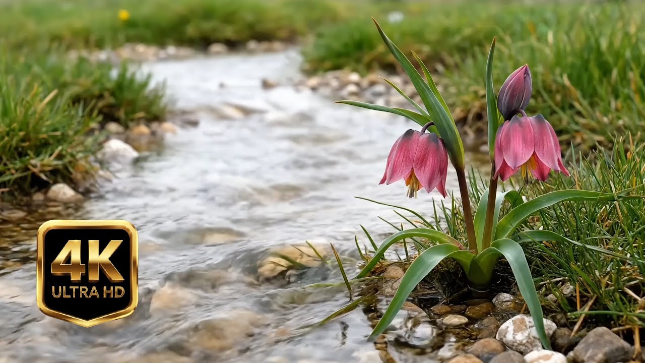4K Spring Flower River Stream & Birds Chirping – Calm Nature Water Sounds for Sleep & Study