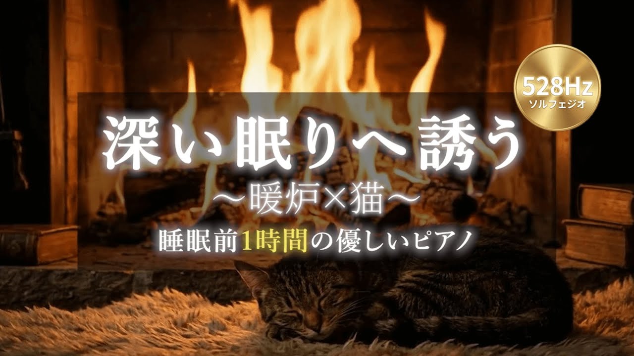 【528Hz ソルフェジオ周波数】暖炉×猫×ローファイピアノ｜深い睡眠BGM｜1時間