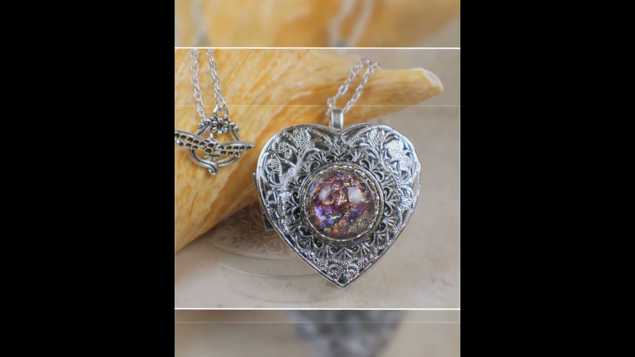 Amethyst Glass Opal Silver Music Box Locket
