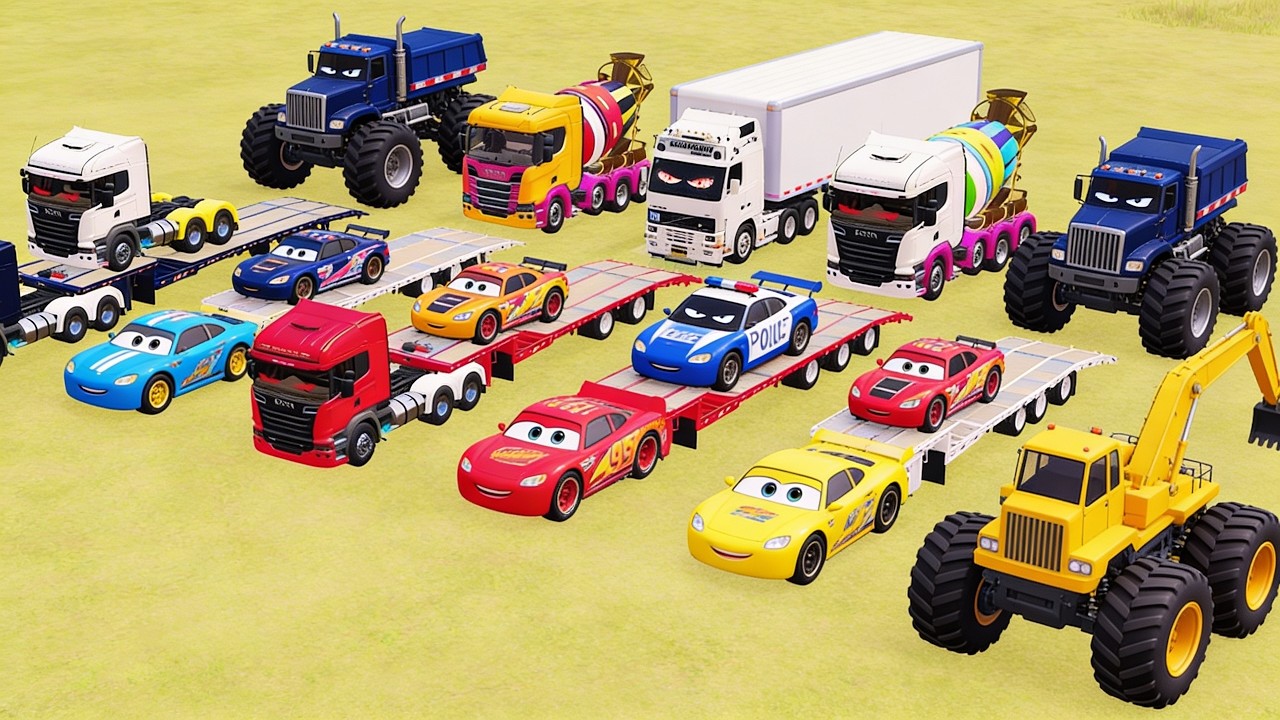 Trucks With COLORS - IVECO MIXER TRUCK and VOLVO DUMP TRUCK with MERCEDES FLATBED TRAILER TRUCK