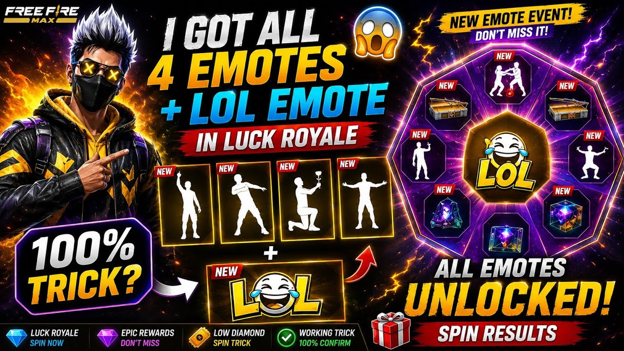 🔥 I Got All 4 Emotes + LOL Emote in Luck Royale 😱 100% Trick? | Free Fire MAX New Emote Event