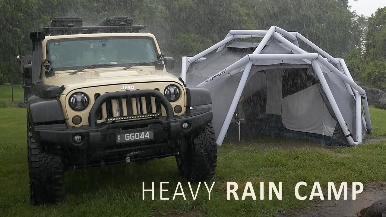 SOLO Relaxing in heavy RAIN [ Cosy Camping setup in an inflatable tent shelter, Rain ASMR ]