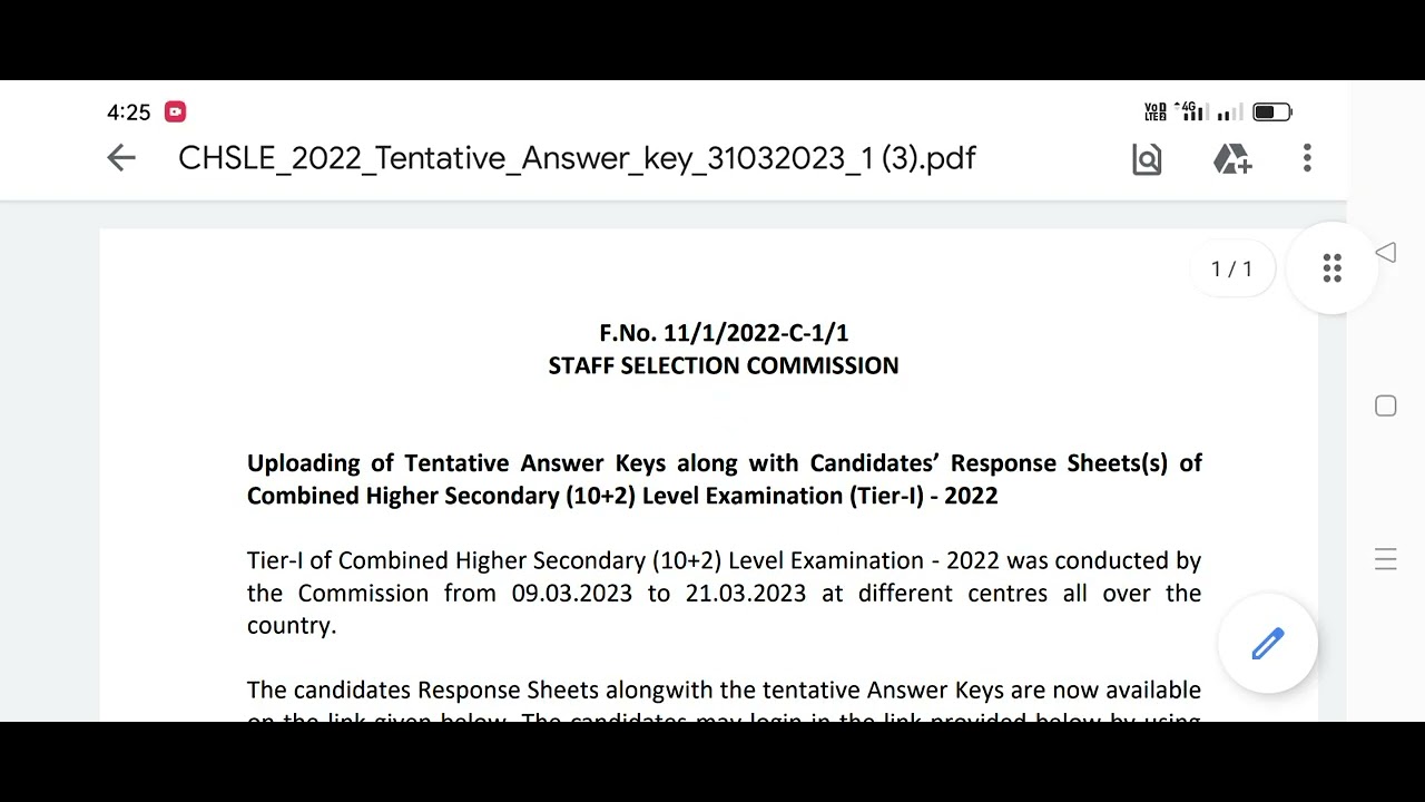 SSC Combined Higher Secondary Level ( 10+2) Answer key Tier I 2022