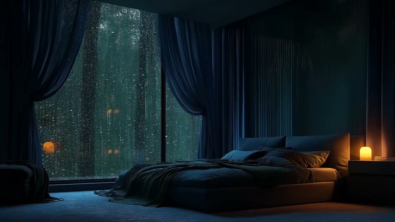 🌙🤍 Rainy Night Piano Bedroom | 3 Hours Falling Rain Outside Window | Study Sleep Meditation Relax