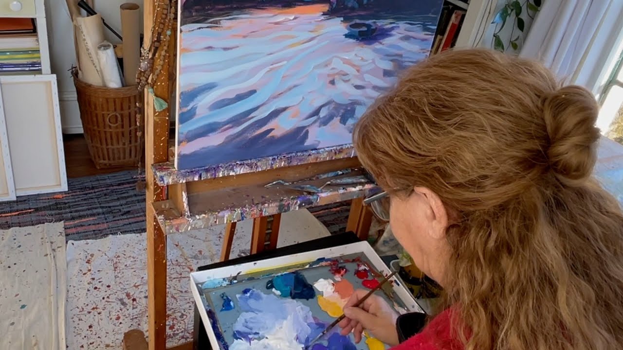 Painting Boat at dusk. Capture the glow of sunset on canvas with a contemporary impressionist style.
