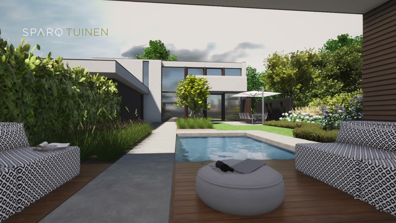 3D tuinontwerp voor moderne tuin met zwembad en poolhouse