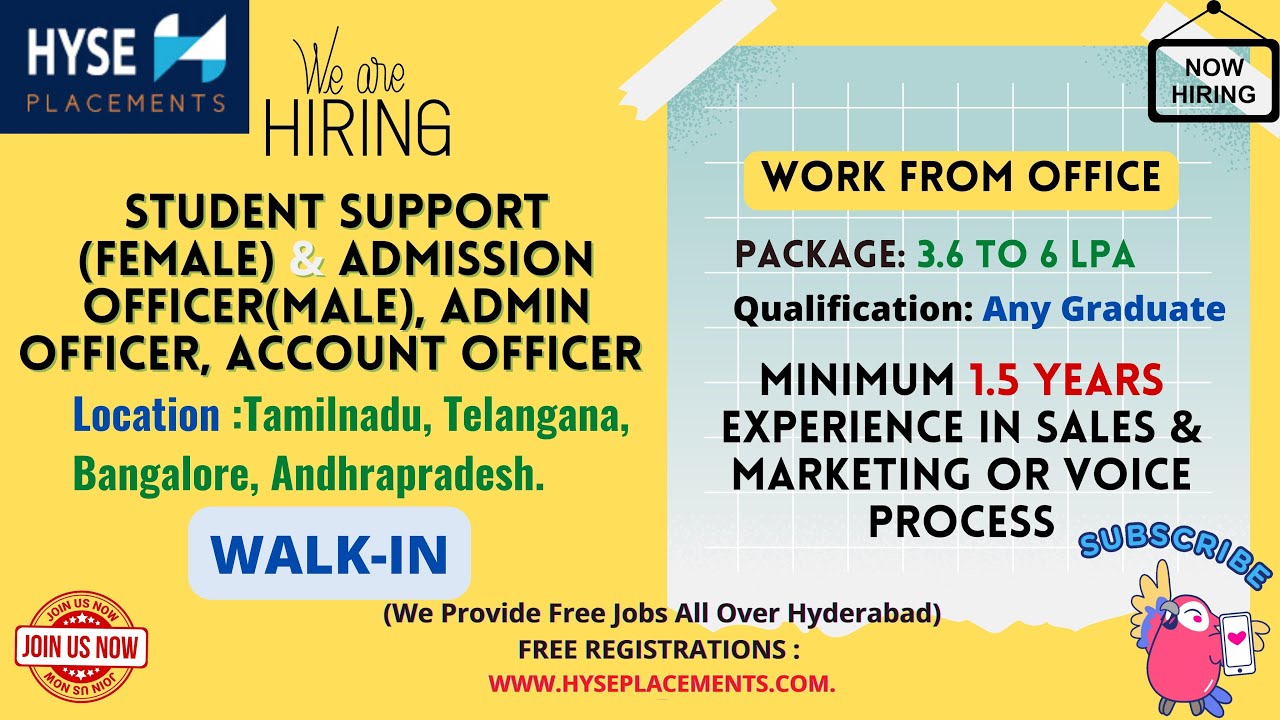 Hiring for Student Support,Admission officer(Male),Account Officer Roles | NON-IT | Hyse Placements
