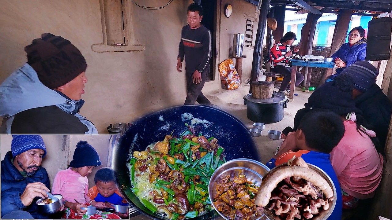 enjoying fry PORK intestine with friends || bhumi Kitchen & cooking || bhumi village video ||