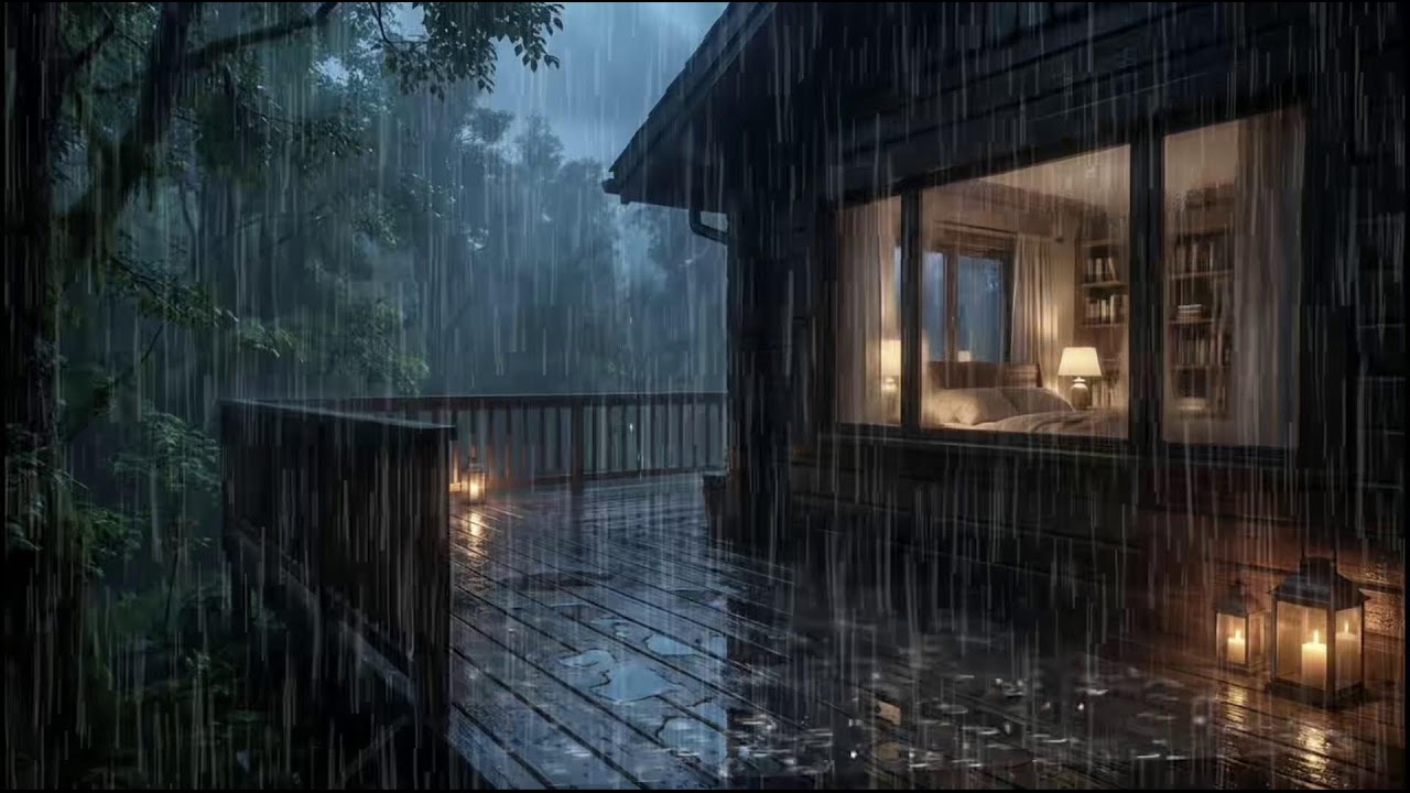 Soft rain by a cozy forest cabin, midnight rain soundscape guiding sleep ease and insomnia comfort