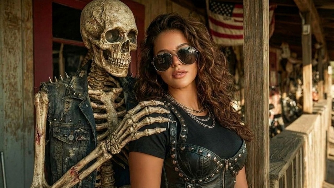 Beautiful Biker & Her Skeleton Guardian | Dark Country Western Mix