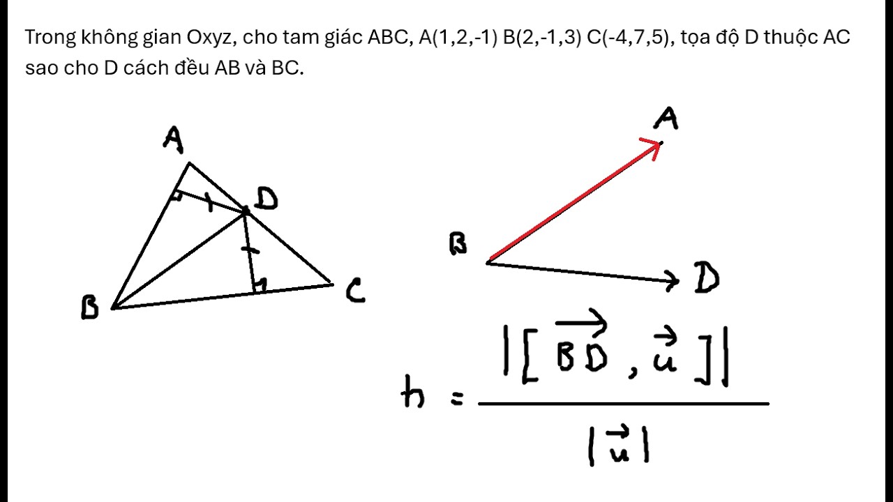 Trong không gian Oxyz, cho tam giác ABC, A(1,2,-1) B(2,-1,3) C(-4,7,5), tọa độ D thuộc AC sao cho D
