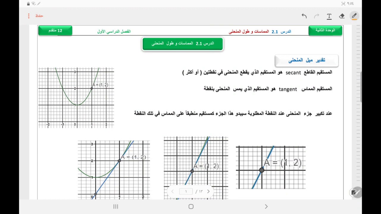 12  متقدم الدرس 2.1 المماسات وطول المنحنى ج1