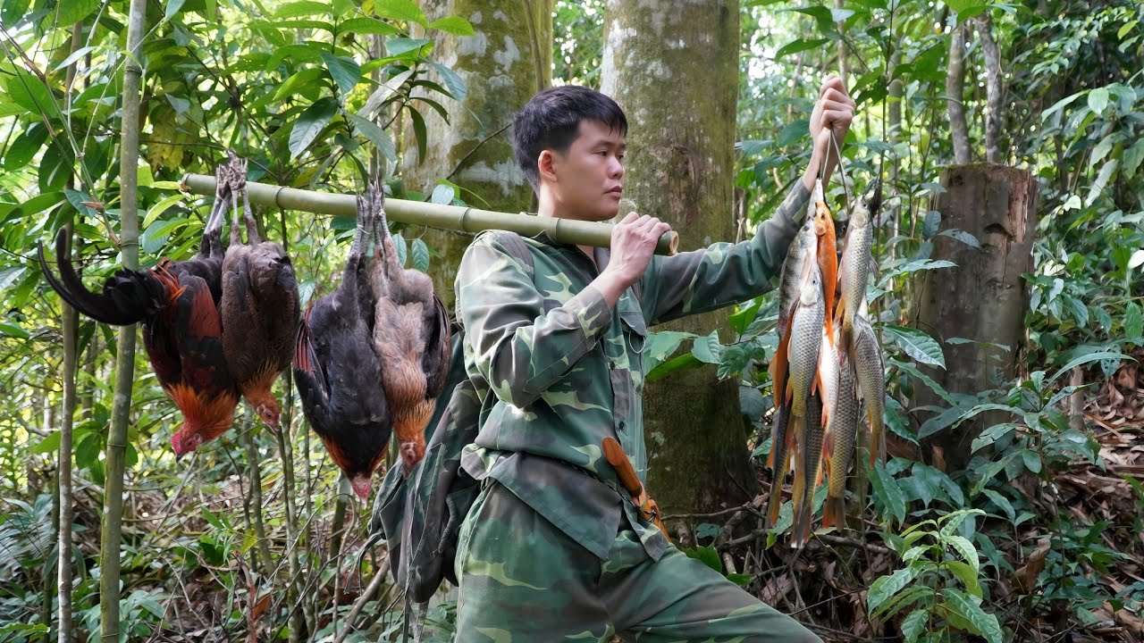 wilderness survival, Traces of wild chickens in the deep forest, traps, bowl of stream fish