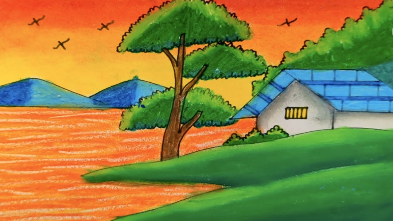 How to Draw Sunset River View Drawing Tutorial | Oil Pastel Art Drawing Tutorial Step by Step 