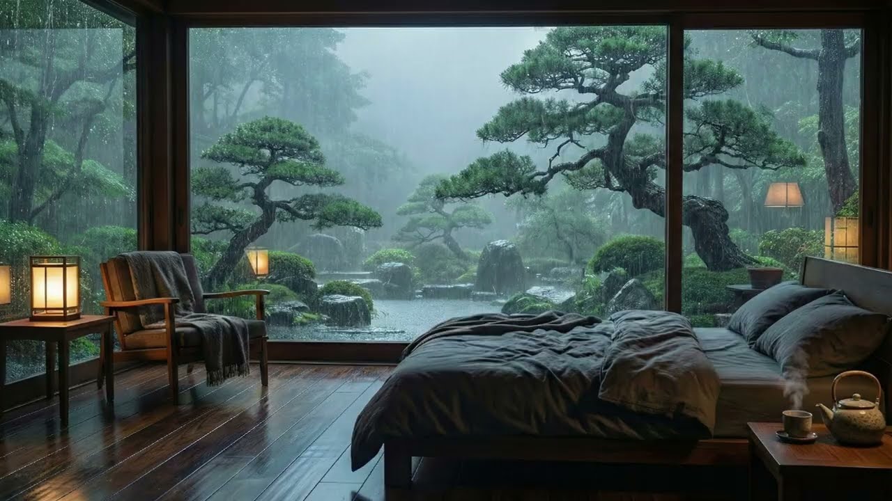 Heavy Rain in Mountain View Bedroom 🌧️ Rain on Deck for Deep Sleep & Relaxation