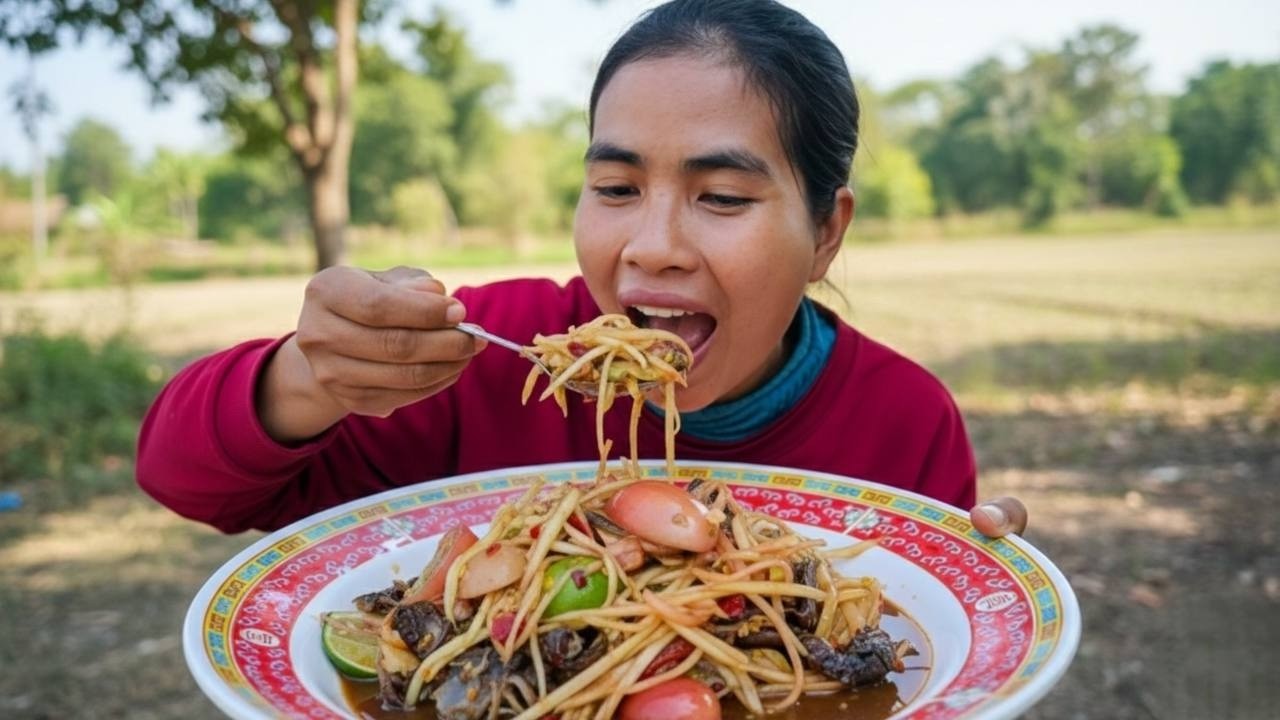 Papaya salad with crab and fermented fish sauce.បុកល្ហុង