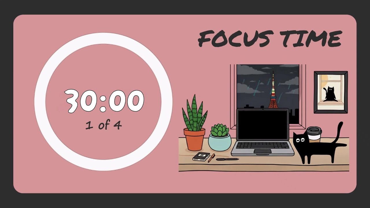 Pomodoro Timer 30/5 | Brown Noise + Rain for Focus, Cat Purring for Breaks