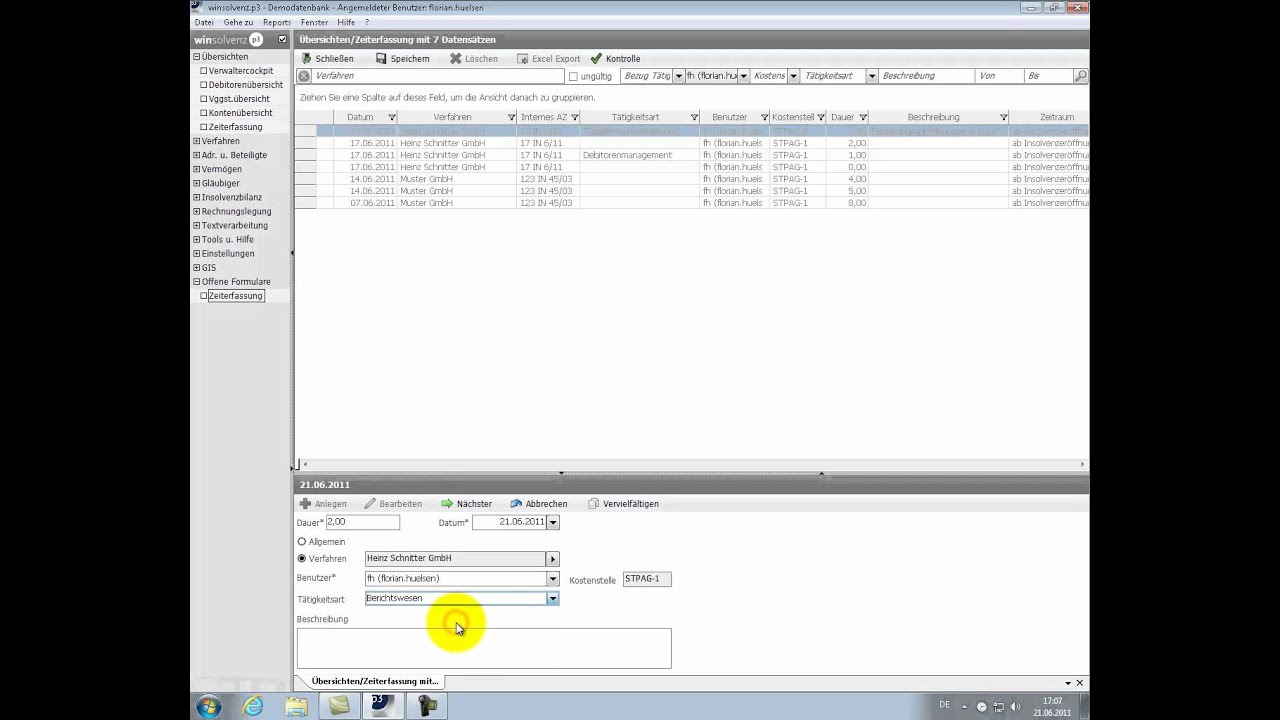 Modul winsolvenz.p3 Zeiterfassung
