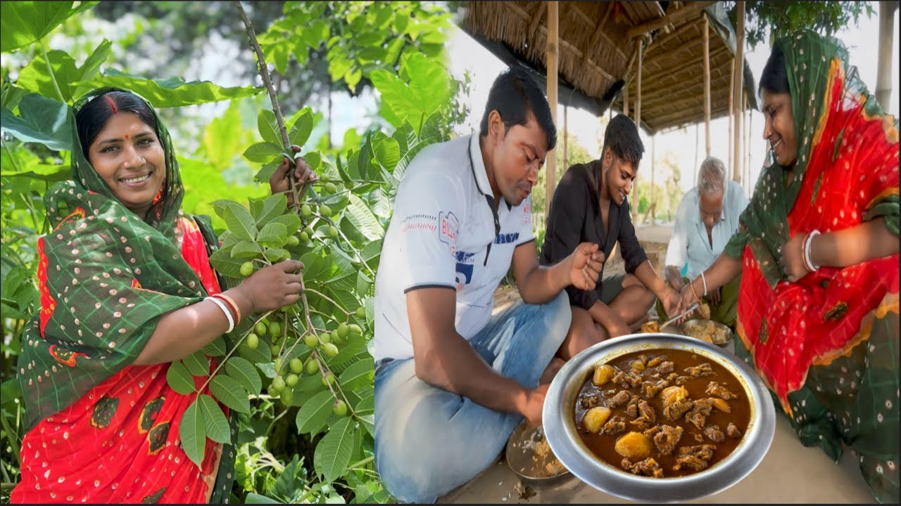 গাছের থেকে কচি আমড়া পেড়ে মুসুর ডাল তার সাথে মায়ের হাতে আলু দিয়ে খাসির মাংস রান্না ।।