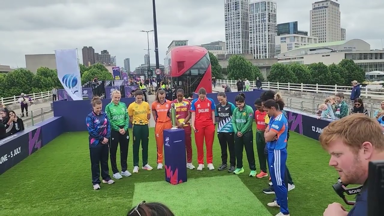 ICC Women's T20 World Cup 2026 trophy shoot with the captains at Waterloo Bridge 🏆✨