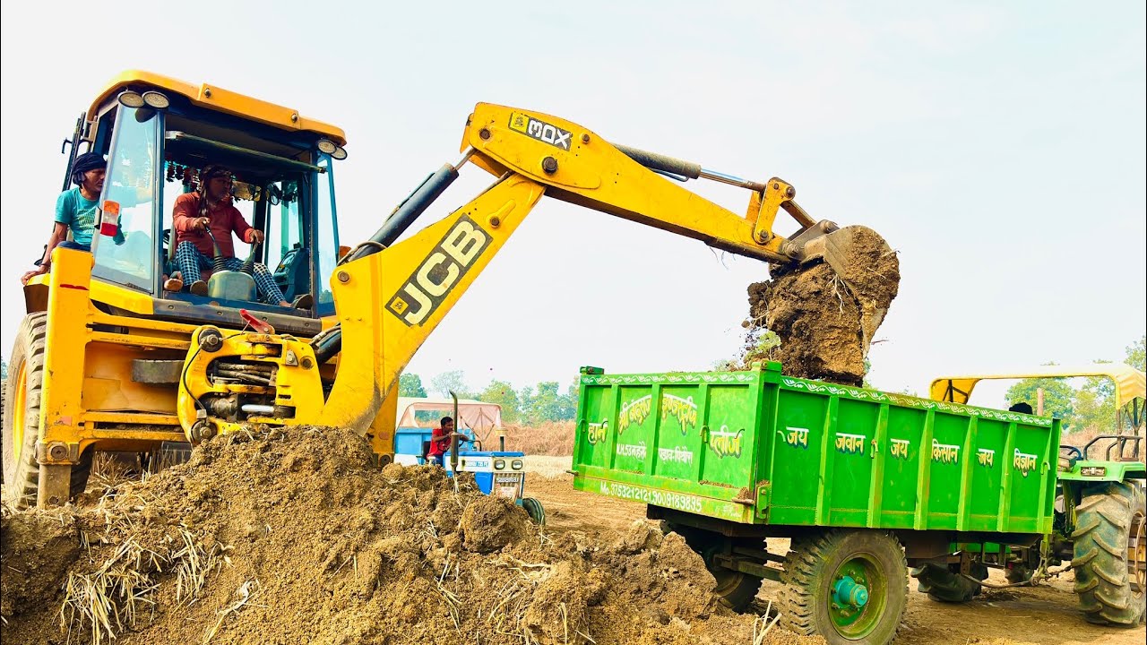 New JCB 3dx Backhoe Loader Machine Mud Loading Tractor John Deere 5045D working mud stuck in trolley