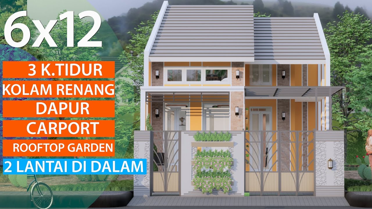 Desain Rumah 1 Lantai Dalamnya 2 Lantai Dengan 3 Kamar Tidur Dan Kolam Renang Di Atas Lahan 6x12 M